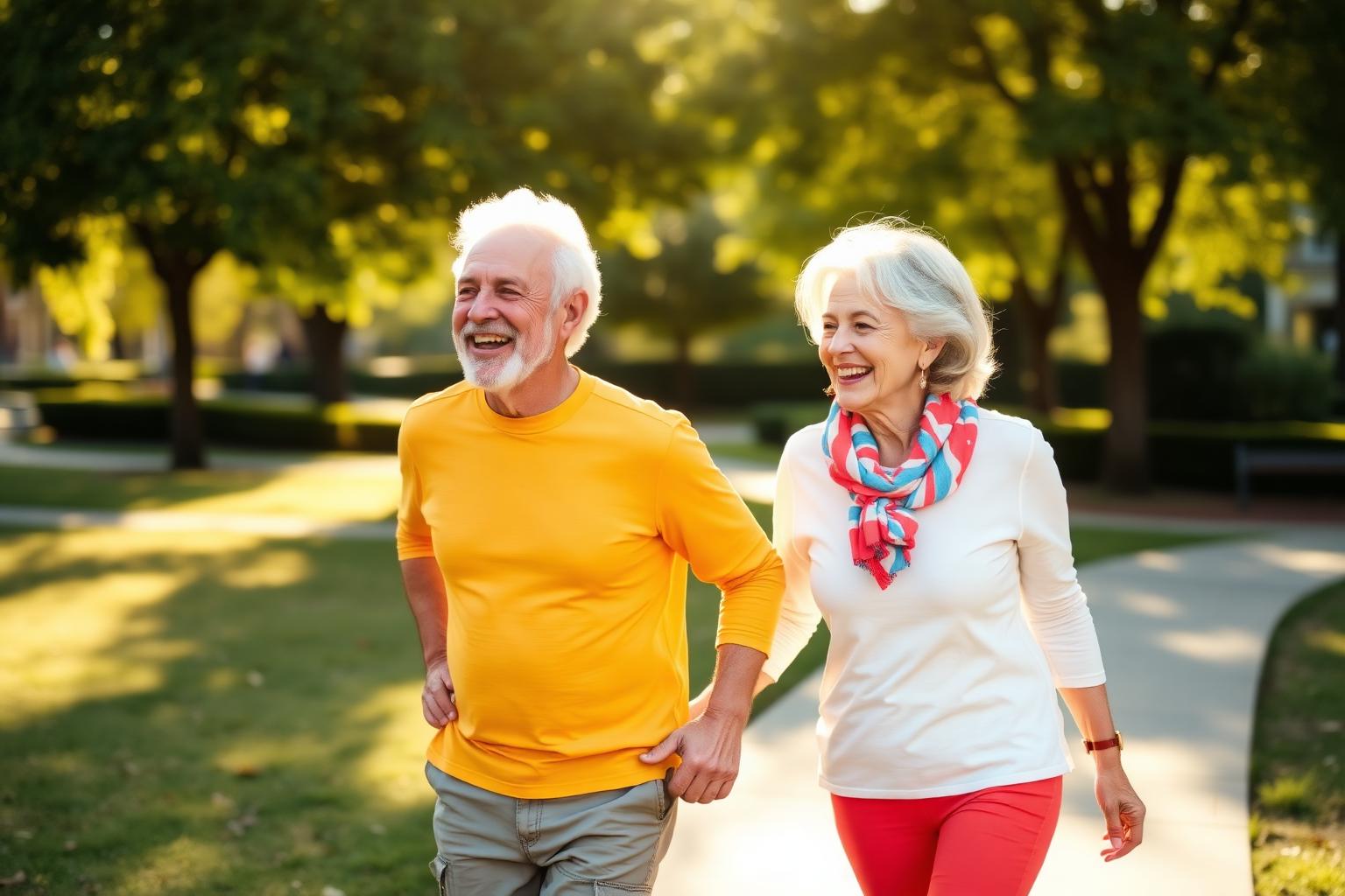 A healthy, active senior couple walking and laughing in a sunny park after their preventive screening