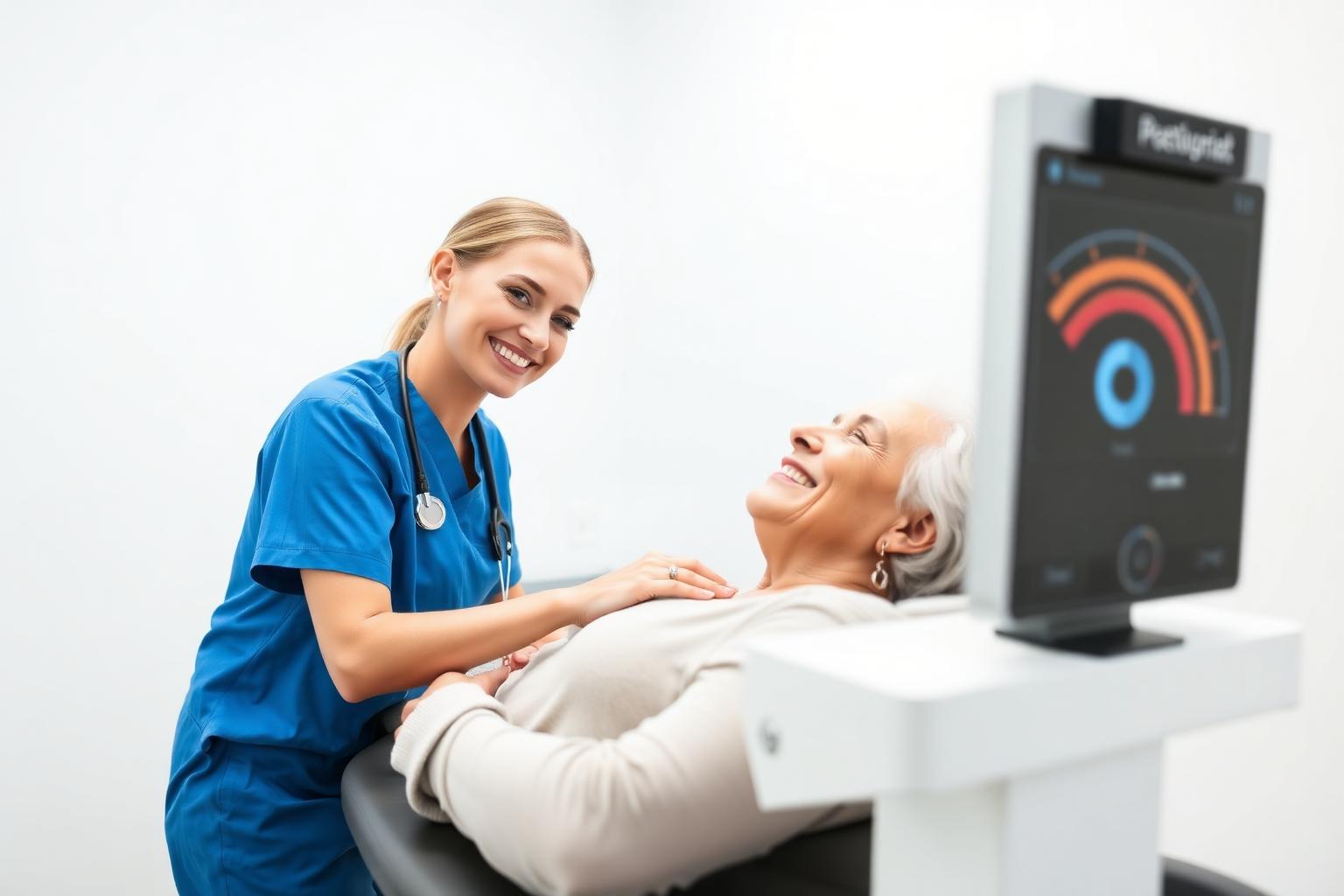A screening technician reviewing ultrasound results with a smiling senior patient